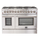 Forno 5-Piece Appliance Package - 48-Inch Dual Fuel Range, Refrigerator with Water Dispenser, Wall Mount Hood with Backsplash, 24-Inch Microwave Drawer, & 3-Rack Dishwasher in Stainless Steel