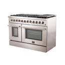 Forno 4-Piece Appliance Package - 48-Inch Dual Fuel Range, 60-Inch Refrigerator, Wall Mount Hood with Backsplash, & 3-Rack Dishwasher in Stainless Steel