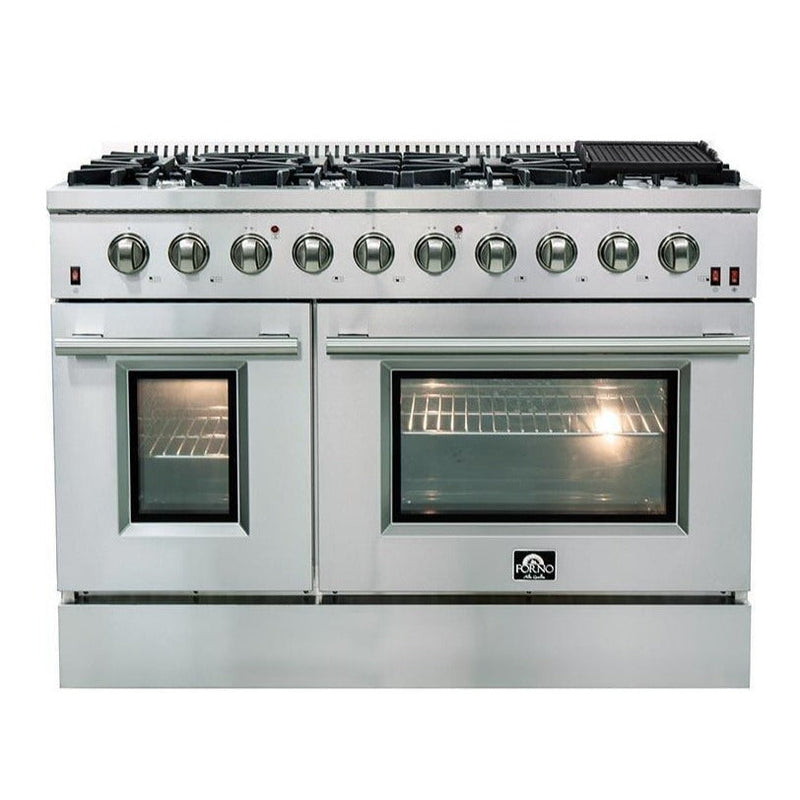 Forno 4-Piece Appliance Package - 48-Inch Gas Range, 60-Inch Pro-Style Refrigerator, 24-Inch Microwave Oven, & 3-Rack Dishwasher in Stainless Steel