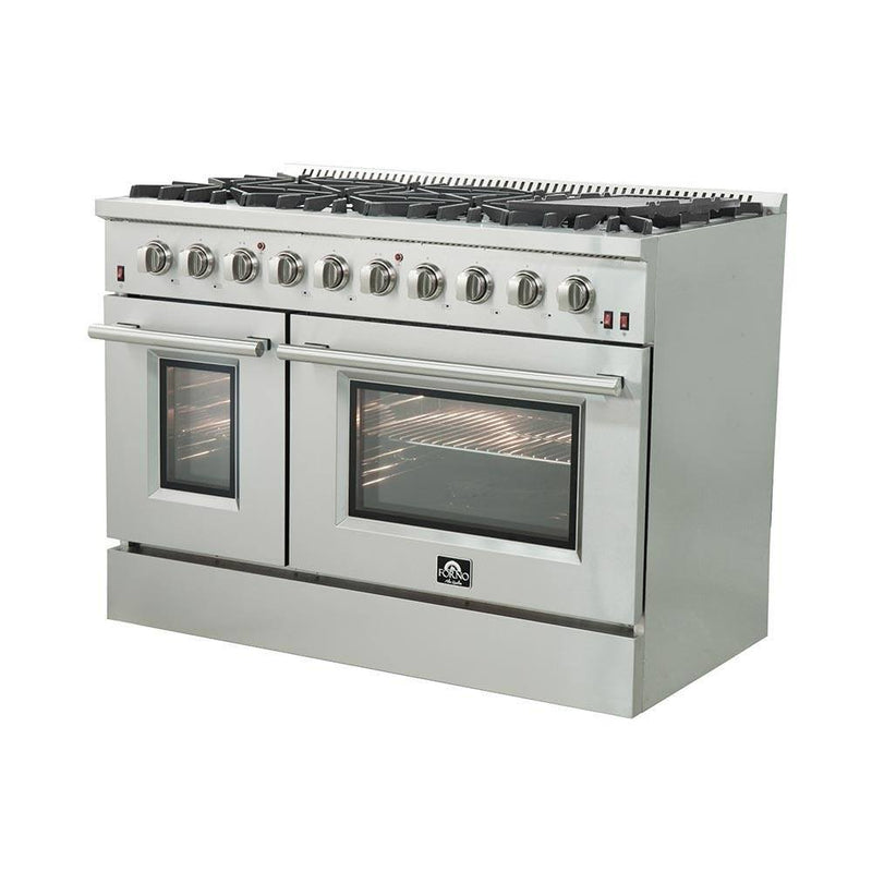 Forno 3-Piece Appliance Package - 48-Inch Gas Range, Refrigerator with Water Dispenser, & Dishwasher in Stainless Steel