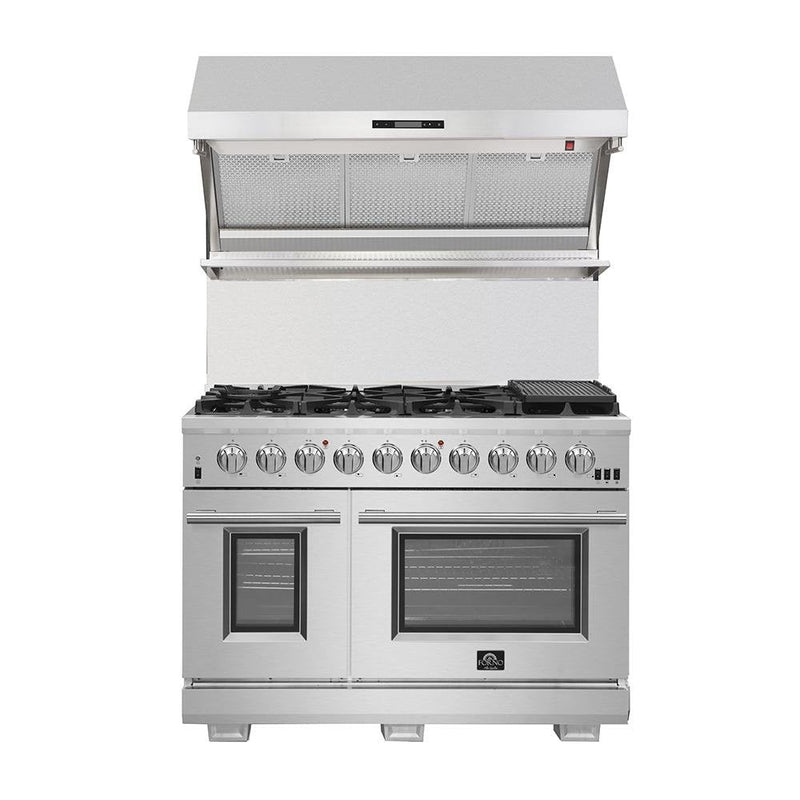 Forno 5-Piece Pro Appliance Package - 48-Inch Dual Fuel Range, Refrigerator with Water Dispenser, Wall Mount Hood with Backsplash, 24-Inch Microwave Drawer, & 3-Rack Dishwasher in Stainless Steel