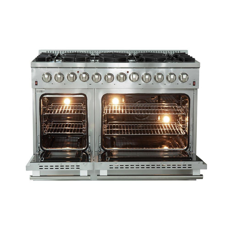 Forno 5-Piece Appliance Package - 48-Inch Dual Fuel Range, Refrigerator with Water Dispenser, Wall Mount Hood, Microwave Oven, & 3-Rack Dishwasher in Stainless Steel