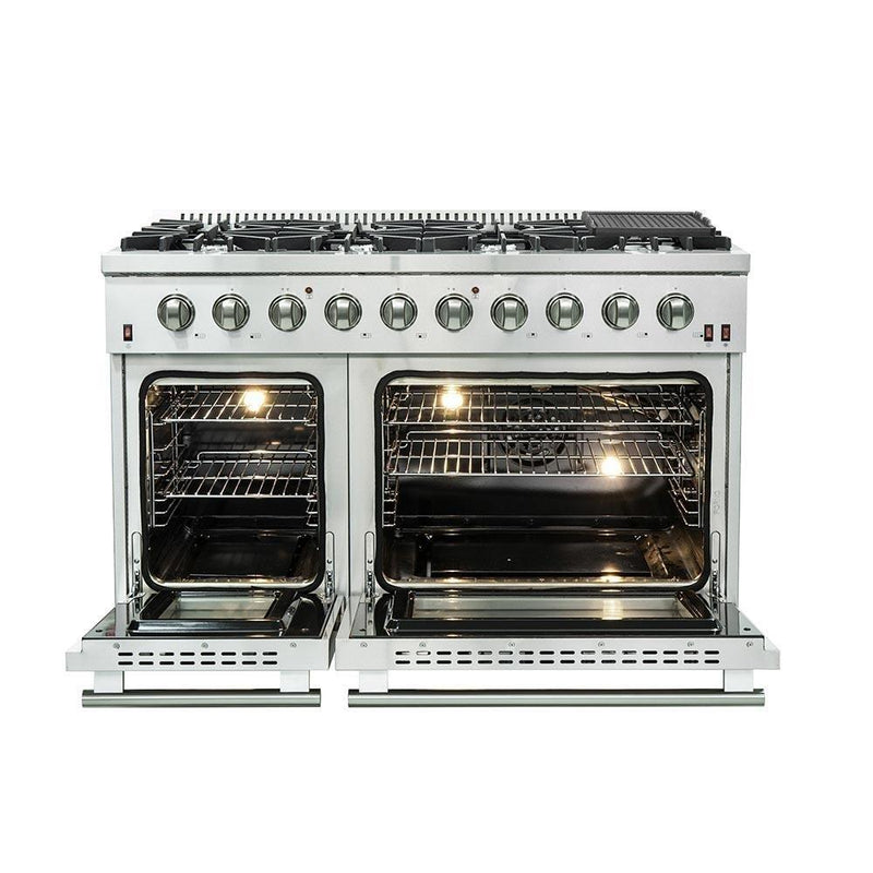 Forno 5-Piece Appliance Package - 48-Inch Gas Range, Refrigerator, Wall Mount Hood, Microwave Drawer, & 3-Rack Dishwasher in Stainless Steel