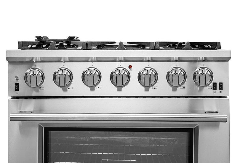 Forno 3-Piece Pro Appliance Package - 36-Inch Gas Range, Refrigerator with Water Dispenser, & Dishwasher in Stainless Steel