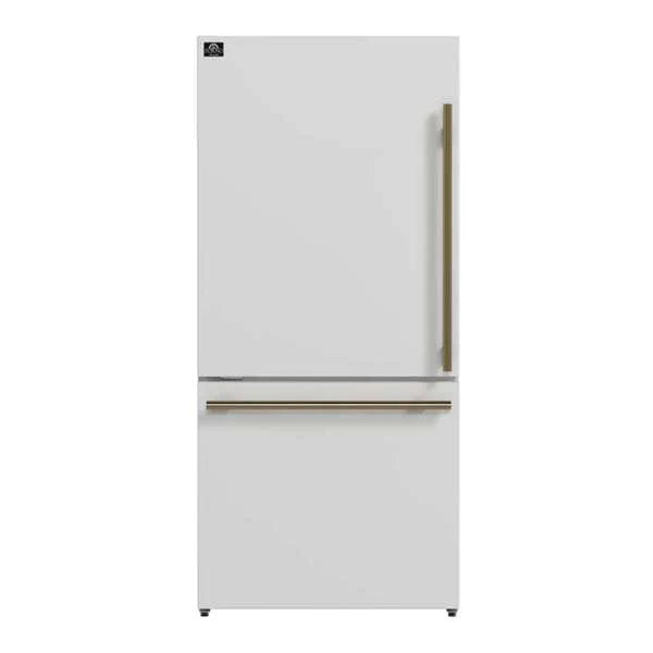 Forno Milano Espresso Package - 62-Inch, 34.4 cu. ft. Refrigerators with Bottom Freezers in White with Antique Brass Handle (FFFFD1787-60WHT)