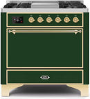 ILVE 36-Inch Majestic II Dual Fuel Range with 6 Burners and Removable Griddle with Solid Door Oven in Emerald Green with Brass Trim (UM09FDQNS3EGG)