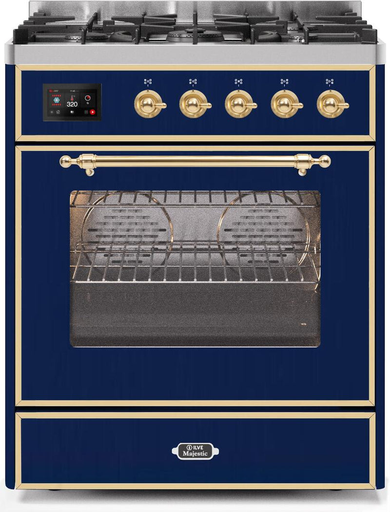 ILVE 30" Majestic II Dual Fuel Range with 5 Burners - 2.3 cu. ft. Oven - Brass Trim in Blue (UM30DNE3MBG) Ranges ILVE 