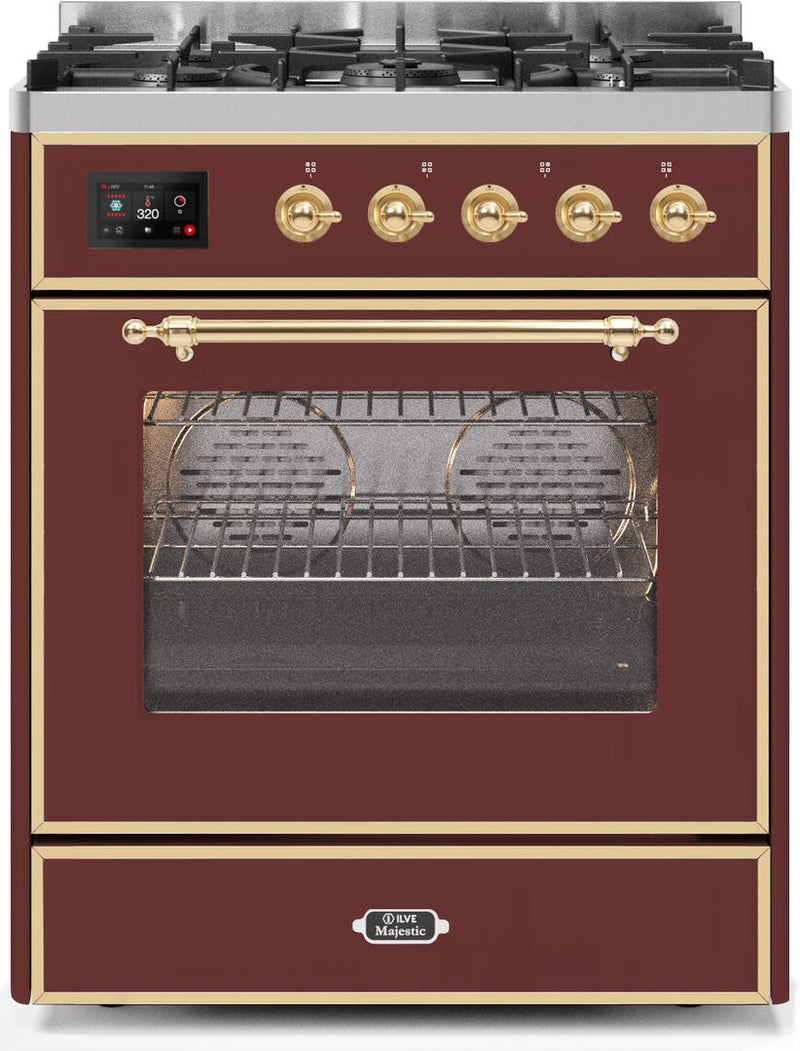 ILVE 30" Majestic II Dual Fuel Range with 5 Burners - 2.3 cu. ft. Oven - Brass Trim in Burgundy (UM30DNE3BUG) Ranges ILVE 