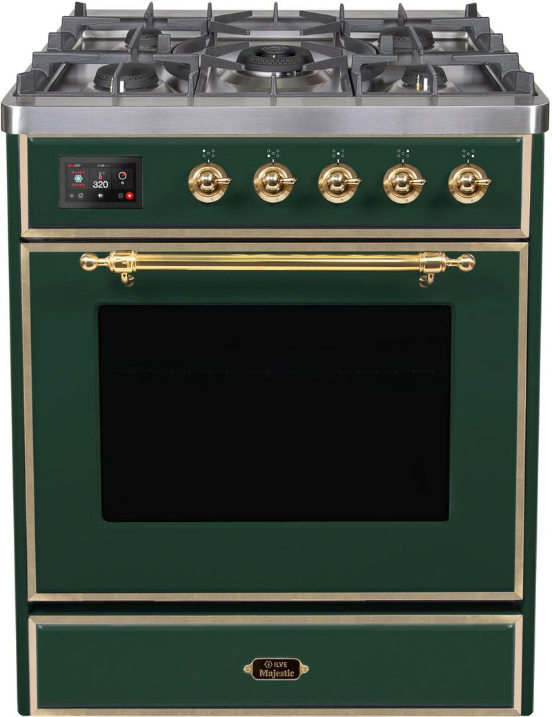 ILVE 30" Majestic II Dual Fuel Range with 5 Burners - 2.3 cu. ft. Oven - Brass Trim in Emerald Green (UM30DNE3EGG) Ranges ILVE 