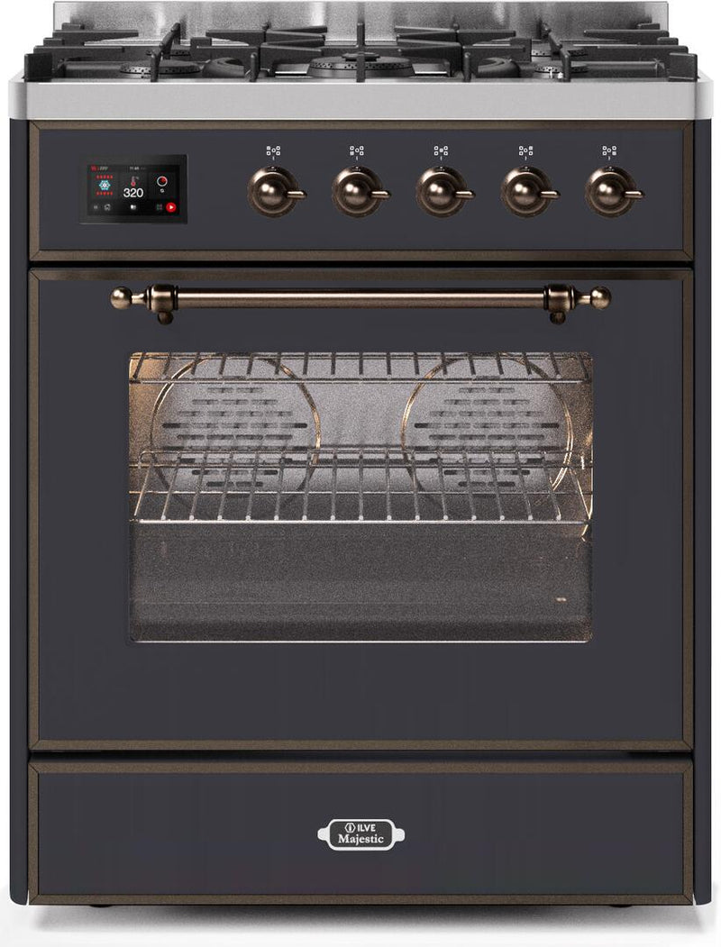 ILVE 30" Majestic II Dual Fuel Range with 5 Burners - 2.3 cu. ft. Oven - Bronze Trim in Matte Graphite (UM30DNE3MGB) Ranges ILVE 
