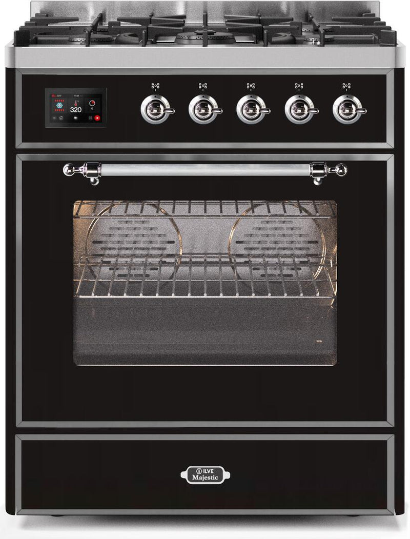 ILVE 30" Majestic II Dual Fuel Range with 5 Burners - 2.3 cu. ft. Oven - Chrome Trim in Glossy Black (UM30DNE3BKC) Ranges ILVE 