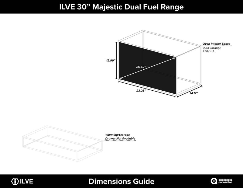 ILVE 30" Majestic II Dual Fuel Range with 5 Burners - 2.3 cu. ft. Oven - Chrome Trim in Glossy Black (UM30DNE3BKC) Ranges ILVE 
