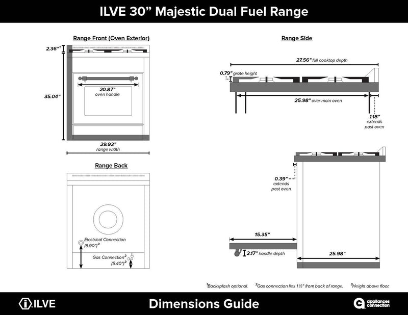ILVE 30" Majestic II Dual Fuel Range with 5 Burners - 2.3 cu. ft. Oven - Chrome Trim in White (UM30DNE3WHC) Ranges ILVE 