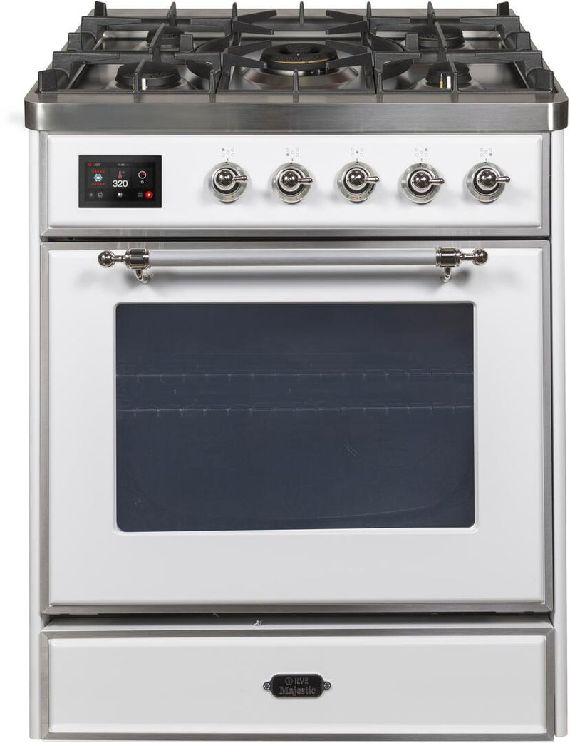 ILVE 30" Majestic II Dual Fuel Range with 5 Burners - 2.3 cu. ft. Oven - Chrome Trim in White (UM30DNE3WHC) Ranges ILVE 