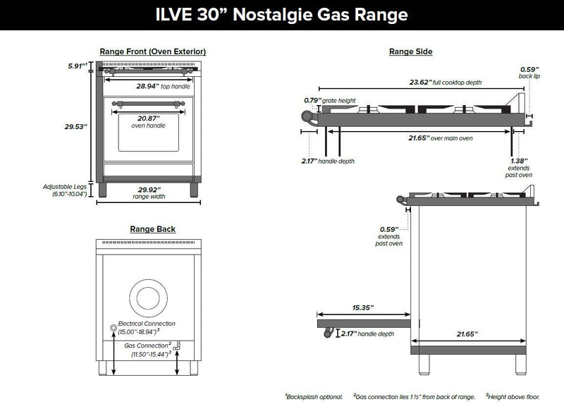 ILVE 30" Nostalgie Gas Range with 5 Burners - 3 cu. ft. Oven - Chrome Trim - True White (UPN76DVGGBX) Ranges ILVE 