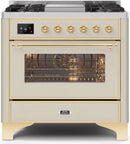 ILVE 36-Inch Majestic II Dual Fuel Range with 6 Burners and Removable Griddle - 3.5 cu. ft. Oven in Antique White with Brass Trim (UM09FDNS3AWG)
