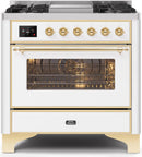 ILVE 36" Majestic II Dual Fuel Range with 6 Burners and Griddle - 3.5 cu. ft. Oven - Brass Trim in White (UM09FDNS3WHG) Ranges ILVE 