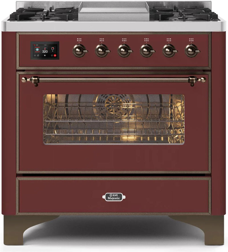 ILVE 36-Inch Majestic II Dual Fuel Range with 6 Burners and Removable Griddle - 3.5 cu. ft. Oven in Burgundy with Bronze Trim (UM09FDNS3BUB)