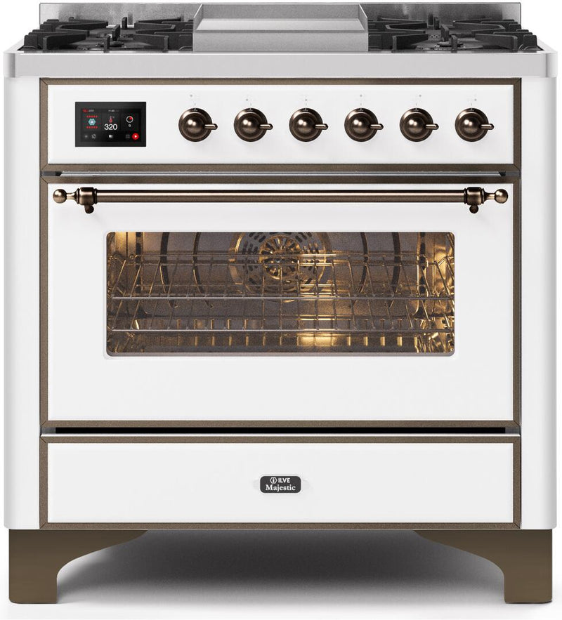 ILVE 36" Majestic II Dual Fuel Range with 6 Burners and Griddle - 3.5 cu. ft. Oven - Bronze Trim in White (UM09FDNS3WHB) Ranges ILVE 