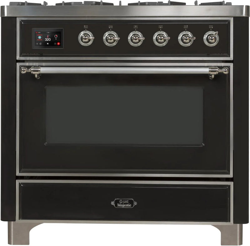 ILVE 36-Inch Majestic II Dual Fuel Range with 6 Burners and Removable Griddle with 3.5 cu. ft. Oven in Matte Graphite with Chrome Trim (UM09FDNS3MGC)