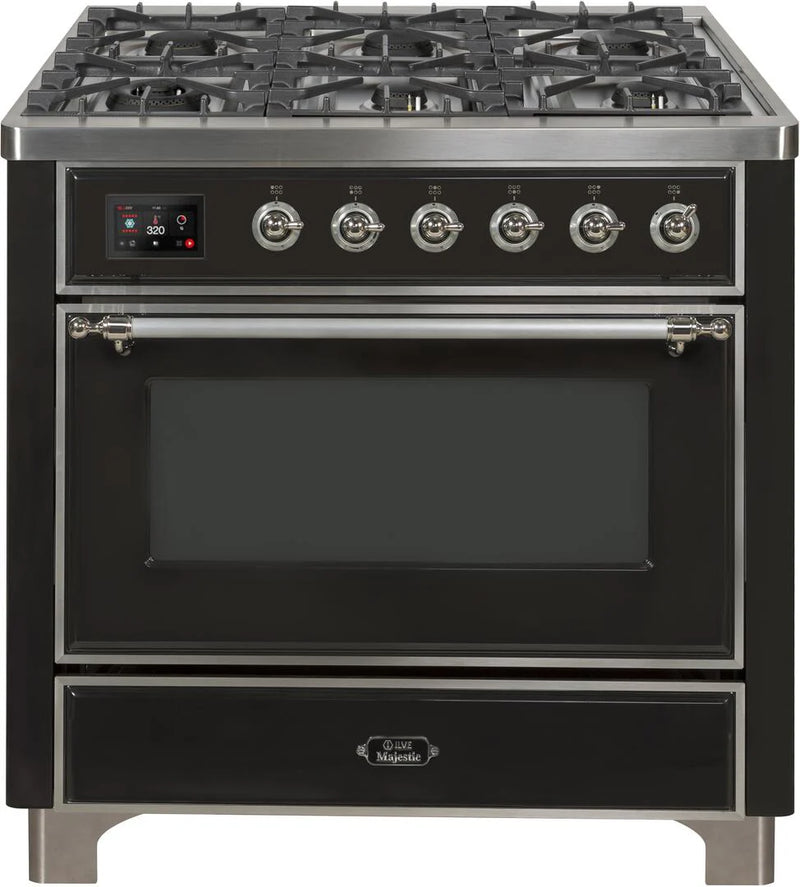 ILVE 36-Inch Majestic II Dual Fuel Range with 6 Burners and Removable Griddle with 3.5 cu. ft. Oven in Matte Graphite with Chrome Trim (UM09FDNS3MGC)