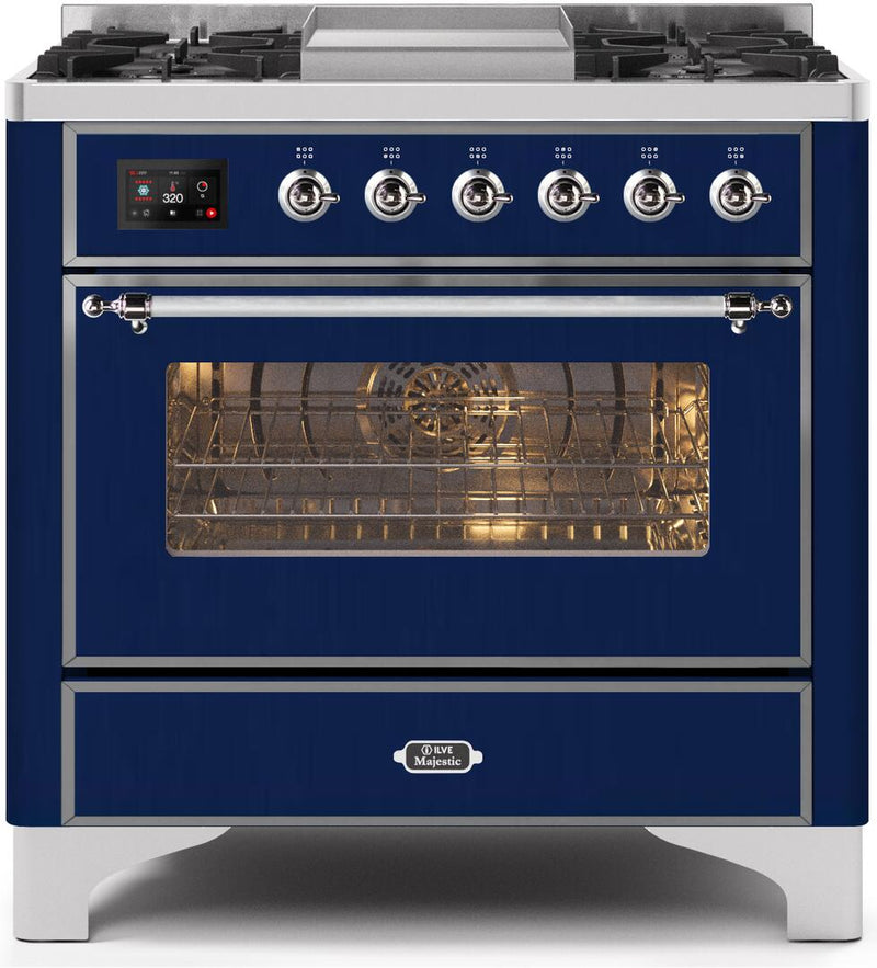 ILVE 36" Majestic II Dual Fuel Range with 6 Burners and Griddle - 3.5 cu. ft. Oven - Chrome Trim in Midnight Blue (UM09FDNS3MBC) Ranges ILVE 