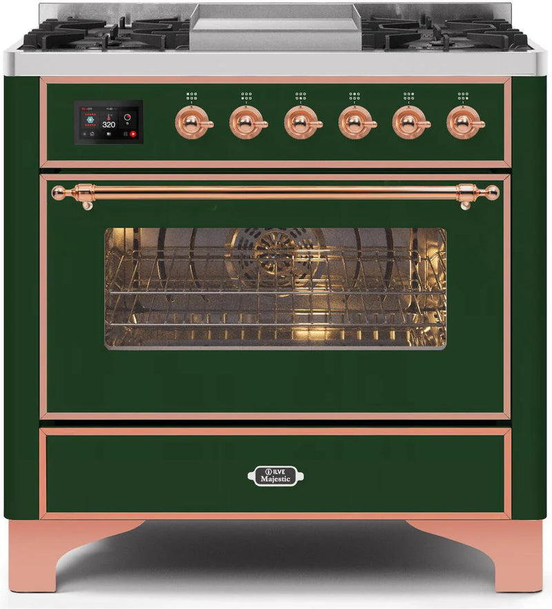 ILVE 36-Inch Majestic II Dual Fuel Range with 6 Burners and Removable Griddle with 3.5 cu. ft. Oven in Emerald Green with Copper Trim (UM09FDNS3EGP)