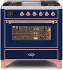 ILVE 36" Majestic II Dual Fuel Range with 6 Burners and Griddle - 3.5 cu. ft. Oven - Copper Trim in Midnight Blue (UM09FDNS3MBP) Ranges ILVE 