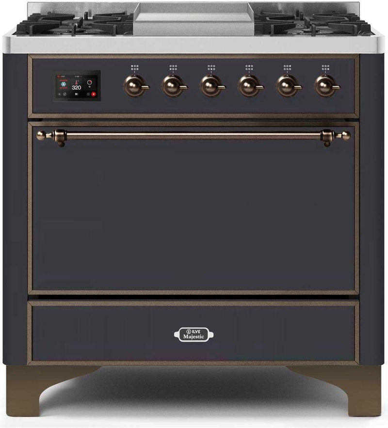 ILVE 36-Inch Majestic II Dual Fuel Range with 6 Burners and Removable Griddle with 3.5 cu. ft. Solid Door Oven in Matte Graphite (UM09FDQNS3MGB)