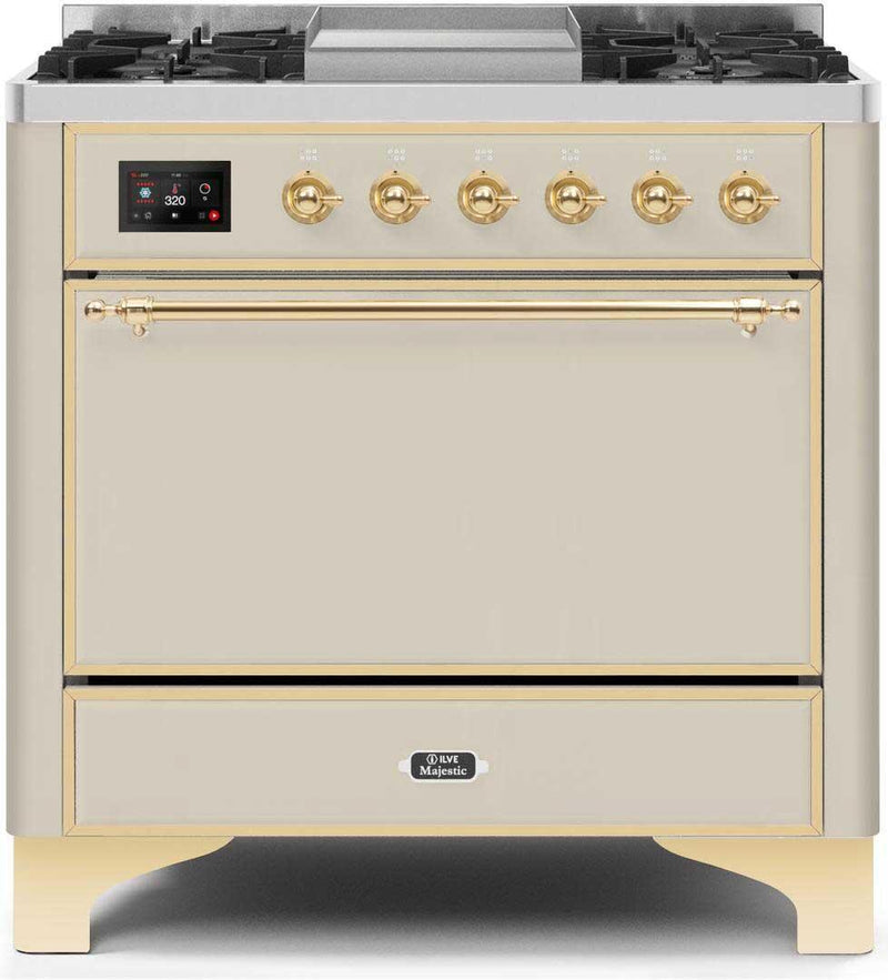 ILVE 36" Majestic II Dual Fuel Range with 6 Burners and Griddle in Antique White with Brass Trim (UM09FDQNS3AWG) Ranges ILVE 