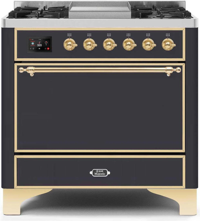 ILVE 36-Inch Majestic II Dual Fuel Range with 6 Burners and Removable Griddle with 3.5 cu. ft. Solid Door Oven in Matte Graphite (UM09FDQNS3MGG)