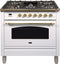 ILVE 36-Inch Nostalgie - Dual Fuel Range with 5 Sealed Brass Burners - 3 cu. ft. Oven - Brass Trim in White (UPN90FDMPB)