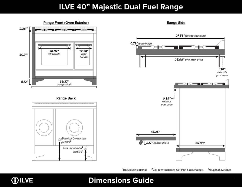 ILVE 40" Majestic II Dual Fuel Range with 6 Sealed Burners and Griddle - 3.82 cu. ft. Oven - Brass Trim in White (UMD10FDNS3WHG) Ranges ILVE 