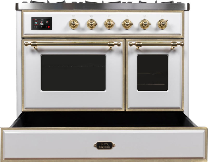 ILVE 40" Majestic II Dual Fuel Range with 6 Sealed Burners and Griddle - 3.82 cu. ft. Oven - Brass Trim in White (UMD10FDNS3WHG) Ranges ILVE 