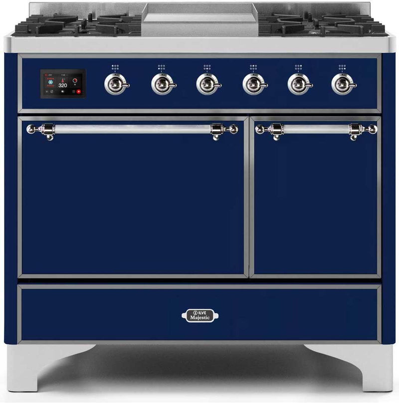 ILVE 40" Majestic II Dual Fuel Range with 6 Sealed Burners and Griddle - 3.82 cu. ft. Oven - Chrome Trim in Midnight Blue (UMD10FDQNS3MBC) Ranges ILVE 