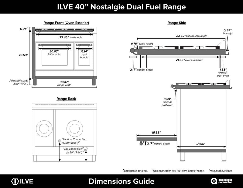 ILVE 40" Nostalgie - Dual Fuel Range with 5 Sealed Brass Burners - 3.55 cu. ft. Oven - Griddle with Brass Trim in Matte Graphite (UPDN100FDMPM) Ranges ILVE 