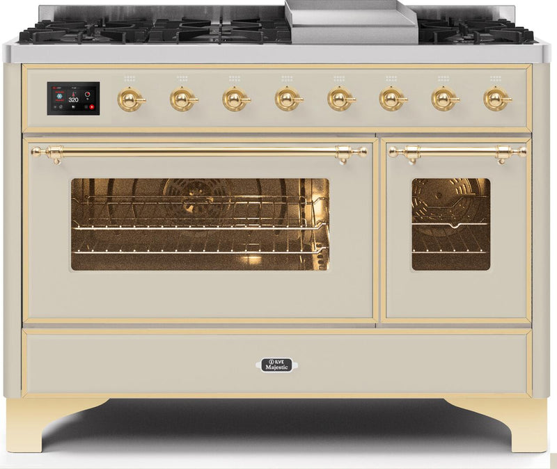 ILVE 48" Majestic II Dual Fuel Range with 8 Burners and Griddle - 5.02 cu. ft. Oven - Brass Trim in Antique White (UM12FDNS3AWG) Ranges ILVE 