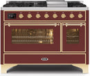 ILVE 48" Majestic II Dual Fuel Range with 8 Burners and Griddle - 5.02 cu. ft. Oven - Brass Trim in Burgundy (UM12FDNS3BUG) Ranges ILVE 