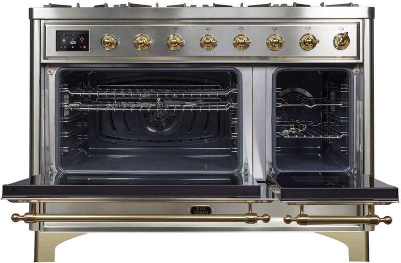 ILVE 48" Majestic II Dual Fuel Range with 8 Burners and Griddle - 5.02 cu. ft. Oven - Brass Trim in Stainless Steel (UM12FDNS3SSG) Ranges ILVE 