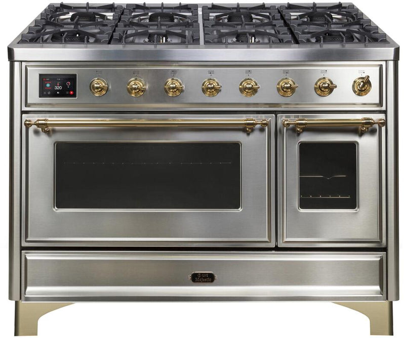 ILVE 48" Majestic II Dual Fuel Range with 8 Burners and Griddle - 5.02 cu. ft. Oven - Brass Trim in Stainless Steel (UM12FDNS3SSG) Ranges ILVE 