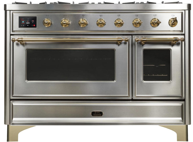 ILVE 48" Majestic II Dual Fuel Range with 8 Burners and Griddle - 5.02 cu. ft. Oven - Brass Trim in Stainless Steel (UM12FDNS3SSG) Ranges ILVE 