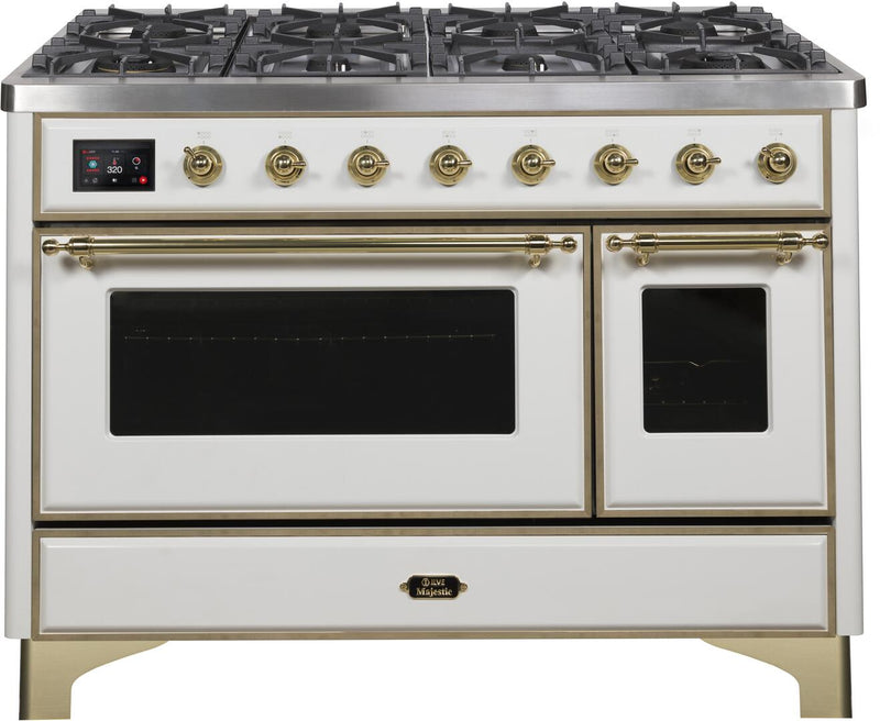 ILVE 48" Majestic II Dual Fuel Range with 8 Burners and Griddle - 5.02 cu. ft. Oven - Brass Trim in White (UM12FDNS3WHG) Ranges ILVE 