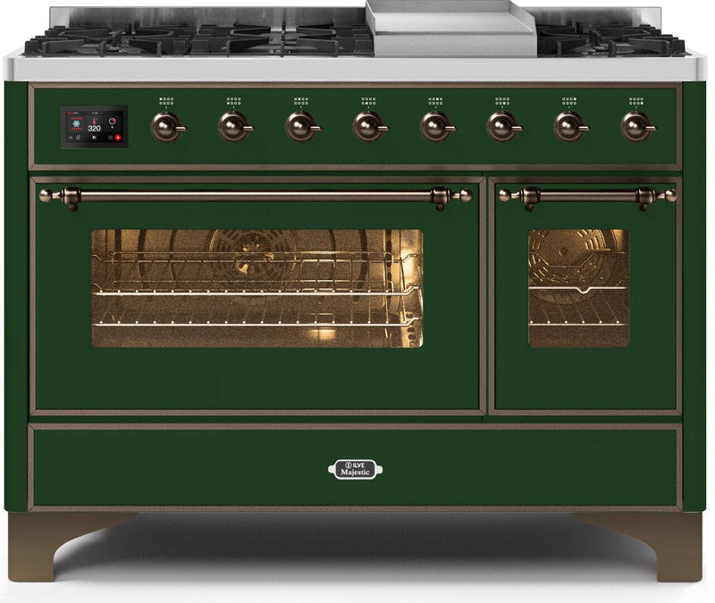 ILVE 48" Majestic II Dual Fuel Range with 8 Burners and Griddle - 5.02 cu. ft. Oven - Bronze Trim in Emerald Green (UM12FDNS3EGB) Ranges ILVE 
