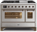 ILVE 48" Majestic II Dual Fuel Range with 8 Burners and Griddle - 5.02 cu. ft. Oven - Bronze Trim in Stainless Steel (UM12FDNS3SSB) Ranges ILVE 