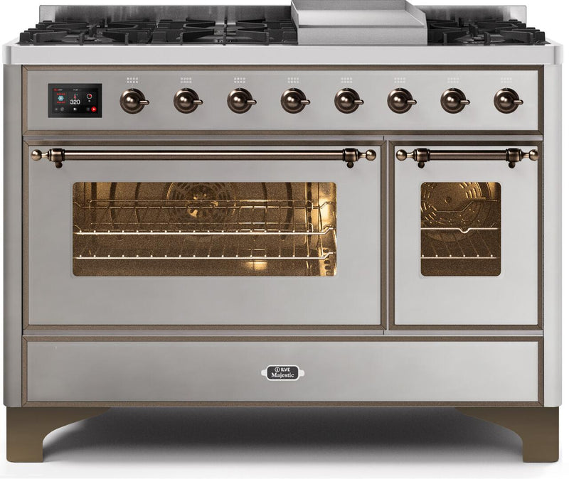 ILVE 48" Majestic II Dual Fuel Range with 8 Burners and Griddle - 5.02 cu. ft. Oven - Bronze Trim in Stainless Steel (UM12FDNS3SSB) Ranges ILVE 