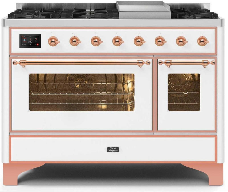 ILVE 48" Majestic II Dual Fuel Range with 8 Burners and Griddle - 5.02 cu. ft. Oven - Copper Trim in White (UM12FDNS3WHP) Ranges ILVE 