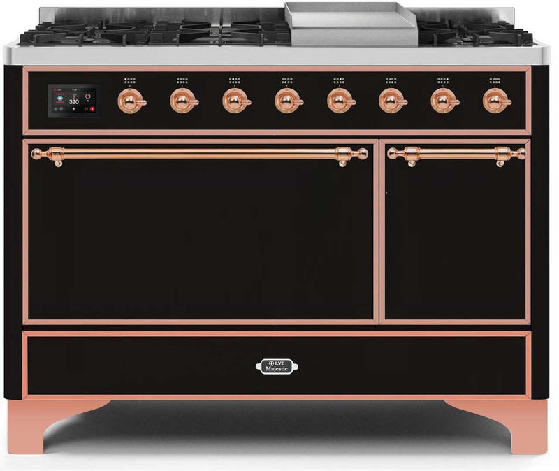 ILVE 48" Majestic II Dual Fuel Range with 8 Sealed Brass Burners and Griddle - 5.62 cu. ft. Oven - Copper (UM12FDQNS3BKP) Ranges ILVE 