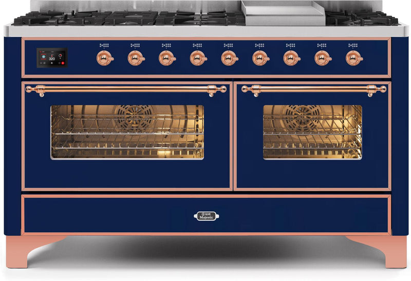 ILVE 60" Majestic II Dual Fuel Range - 9 Sealed Burners and Griddle - 5.8 cu. ft. - Copper Trim in Midnight Blue (UM15FDNS3MBP) Ranges ILVE 