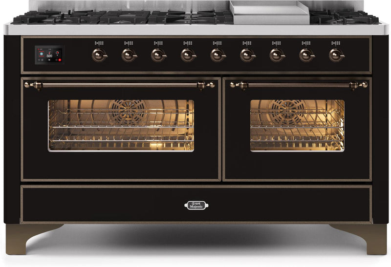 ILVE 60" Majestic II Dual Fuel Range with 9 Sealed Burners and Griddle - 5.8 cu. ft. Oven - Bronze Trim in Glossy Black (UM15FDNS3BKB) Ranges ILVE 