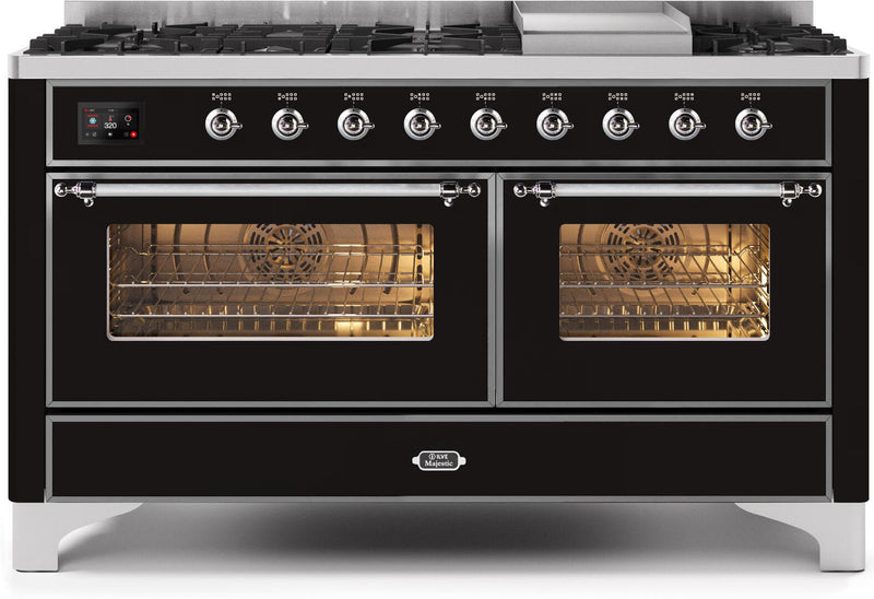 ILVE 60" Majestic II Dual Fuel Range with 9 Sealed Burners and Griddle - 5.8 cu. ft. Oven - Chrome Trim in Glossy Black (UM15FDNS3BKC) Ranges ILVE 